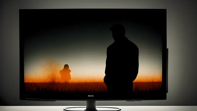 A father and son silhouette standing against a mythic frozen realm, amber CRT glow, dark room
