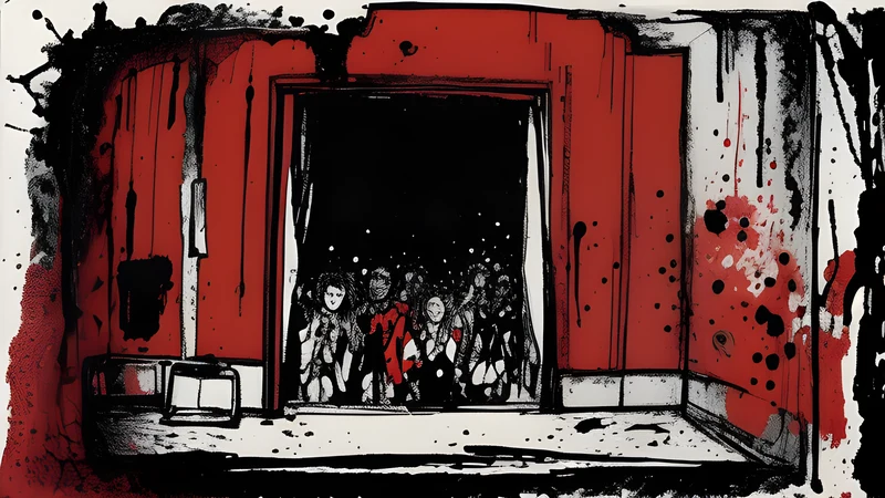 Ink illustration of a small loud corner club in Kolding, tight and sweaty, crimson spot colour against grit