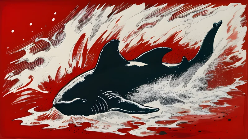 A whale rising through dark water toward industrial steel riffs, ocean meeting machinery