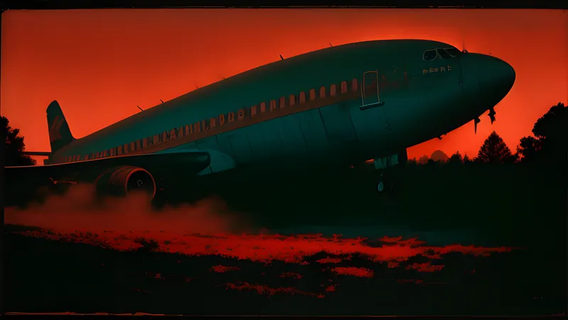 A cracked airliner fuselage under a blood-red sky, rendered as a repertory cinema poster in teal and amber