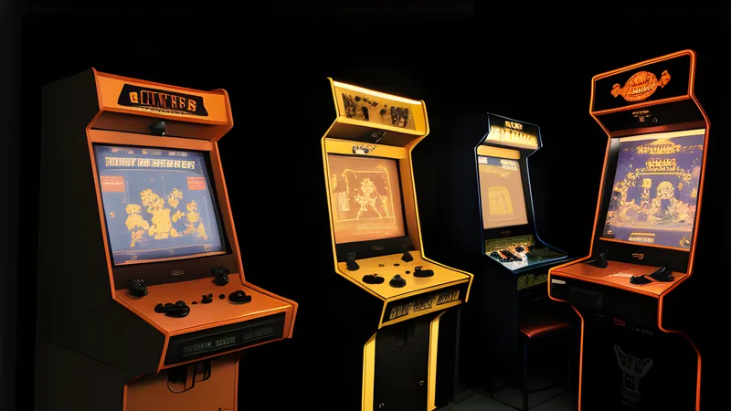 A broad stone-carved axe glinting in the torchlit dark of an arcade cabinet row, amber CRT bloom