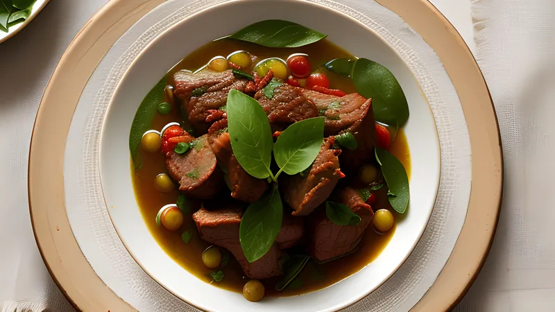 A dark red-brown mutton curry studded with wilted sorrel leaves in a black clay pot, steam rising