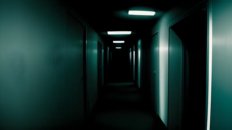 A long asylum corridor lit only by the glow of phone screens
