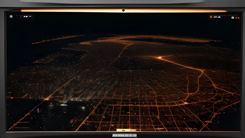 A sprawling gridlocked city map glowing under a satirical billboard haze at dusk, amber CRT phosphor bloom