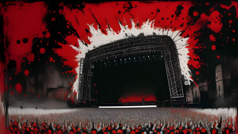 A vast metal crowd before multiple huge stages on a Flemish field, ink-splatter illustration with a crimson hot spot.