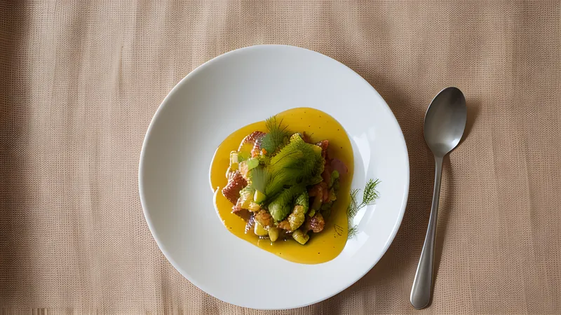 A small bowl of thick amber mustard-dill sauce beside sliced cured salmon on a linen cloth