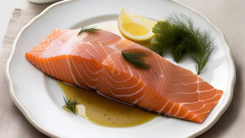 Sliced dill-crusted gravlax fanned across a wooden board with lemon and mustard sauce