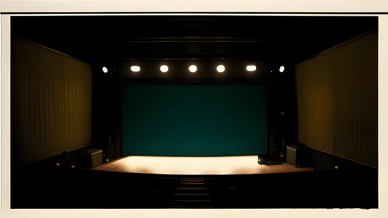 A desert cantina with a lone stage, lit as a teal-and-amber repertory poster