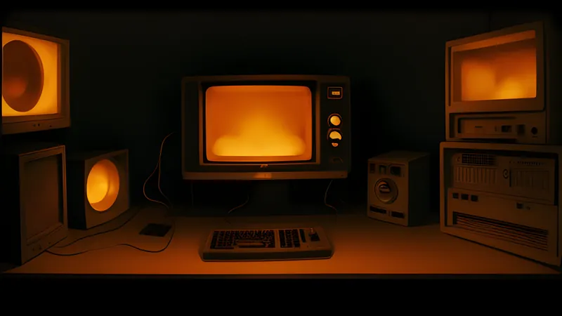 Art-deco skyline receding into marigold haze under amber CRT glow and scanlines