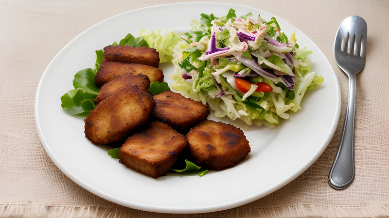 Crisp golden-brown chunks of Haitian griot piled on a plate with a mound of pink pikliz slaw