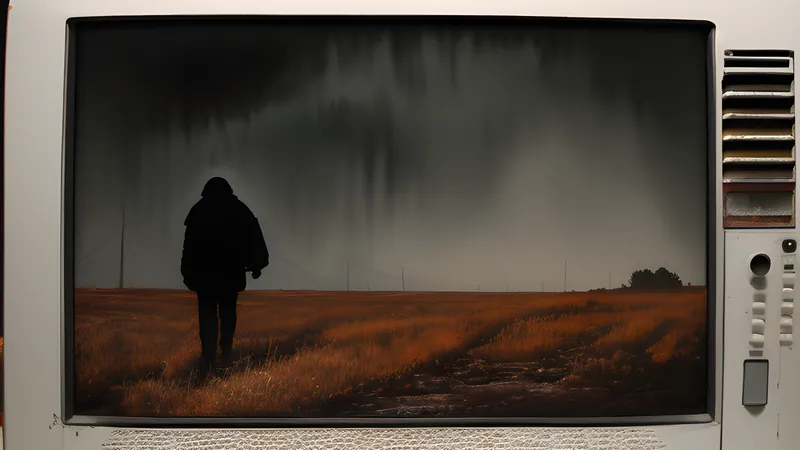 A fading grey figure walking across a crumbling watercolour landscape