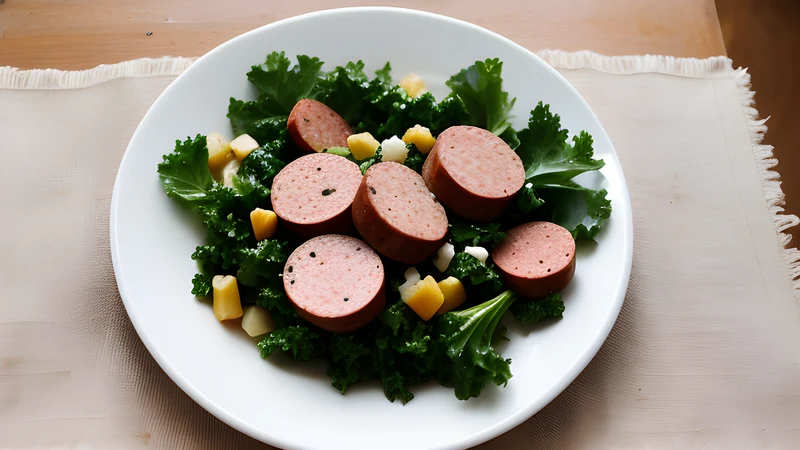 A deep bowl of dark stewed kale topped with a split smoked groat sausage and a piece of Kassler, with browned potatoes alongside