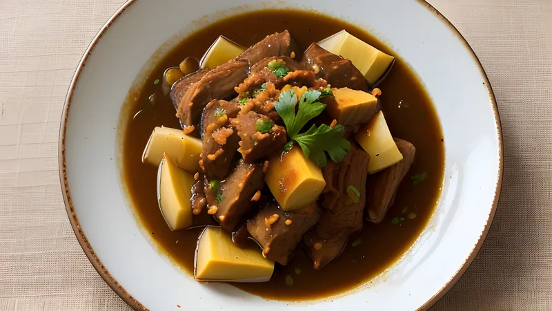 Bowl of deep brown gudeg jackfruit stew with rice, egg and chicken