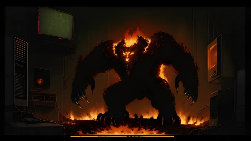 A mechanical creature rising over a distant, glowing battlefield