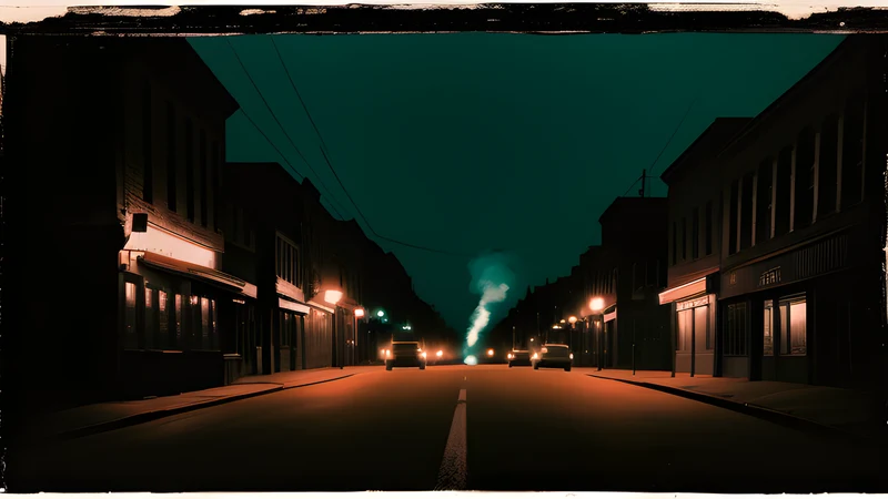An empty small-town street seen from the back seat of a car, headlights washing the kerb