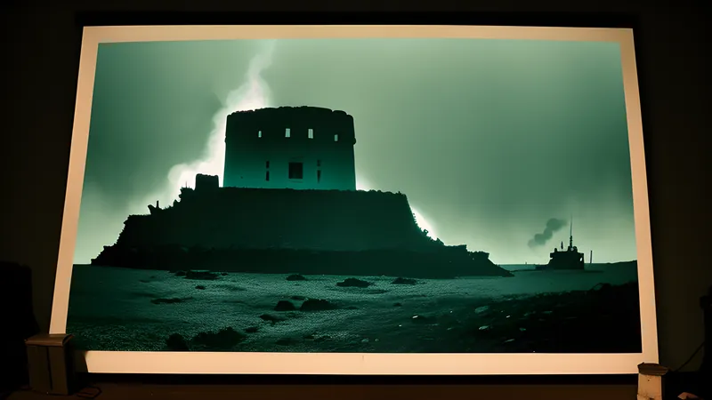 A ruined island fortress with a wrecked machine, rendered as a moody repertory-cinema poster in teal and amber