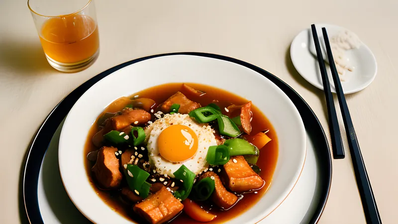 Glossy sliced pork loin coated in a pale golden sweet and sour glaze, scattered with carrot and coriander