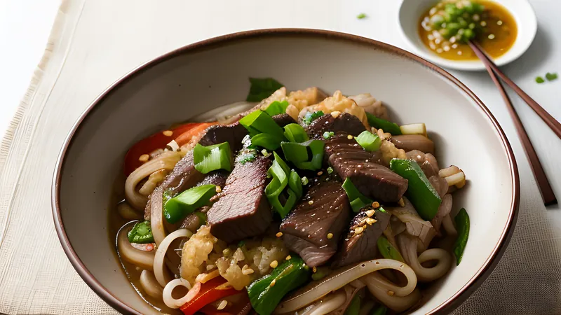 A bowl of gyudon with glossy simmered beef and onion over rice, topped with pickled ginger