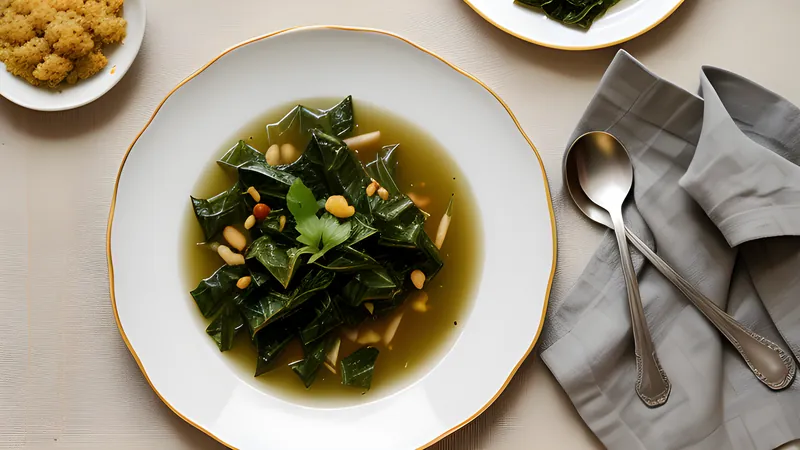 A bowl of dark green haak greens glistening with mustard oil, whole dried red chillies visible