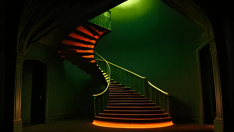 A witch's spiralling green-flame staircase descending into darkness, rendered in CRT amber glow