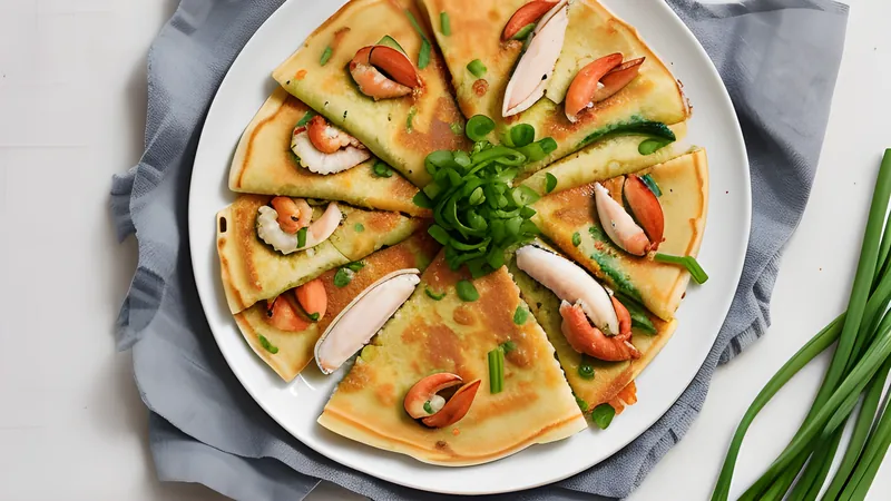 A golden seafood and spring onion pancake cut into wedges on a dark plate