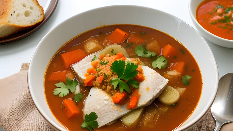 A deep red paprika fish soup in a black kettle, with thick pieces of white carp fillet just below the surface