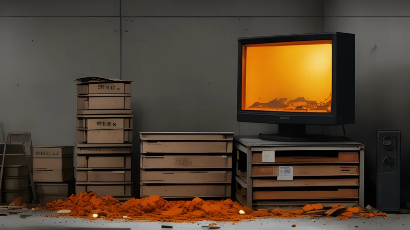 A stack of crates and debris balanced mid-collapse in a grey concrete plaza, CRT amber glow