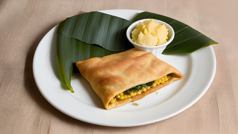 A banana-leaf-wrapped hallaca opened to show yellow maize dough around a dark meat filling