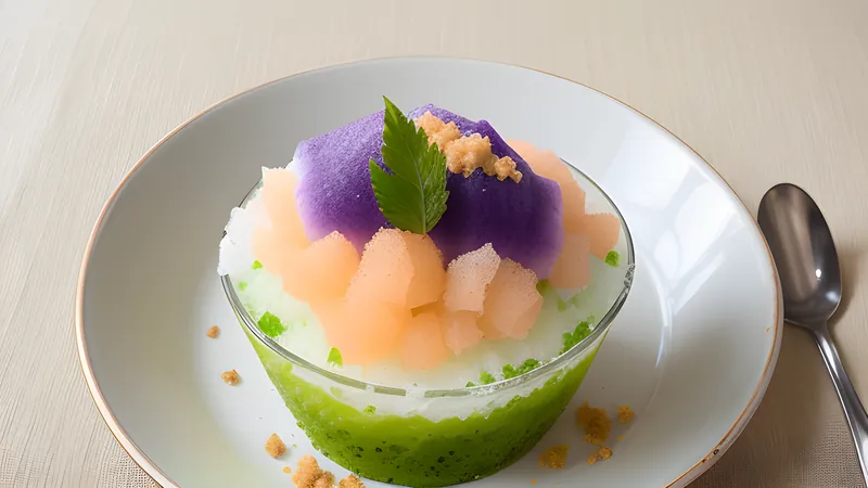 A tall glass of halo-halo with layered beans, jellies and ube ice cream under shaved ice and evaporated milk