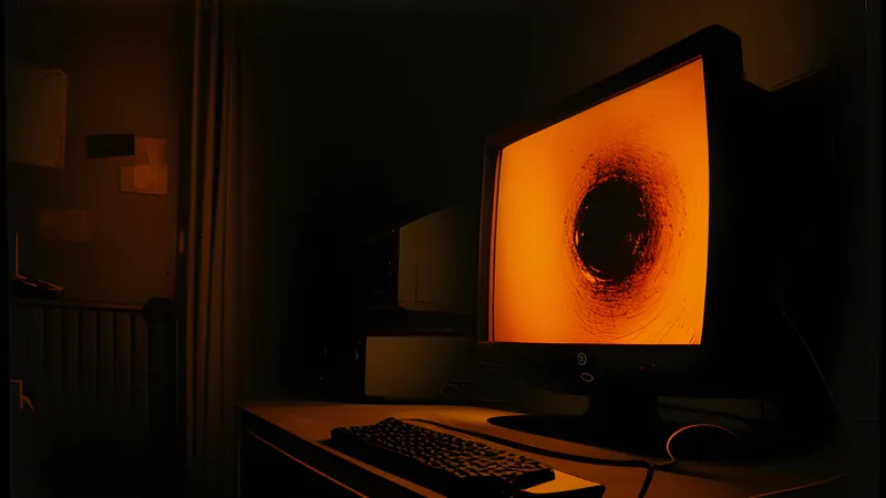 A grapple hook line arcing across an empty ring-shaped horizon in amber CRT tones