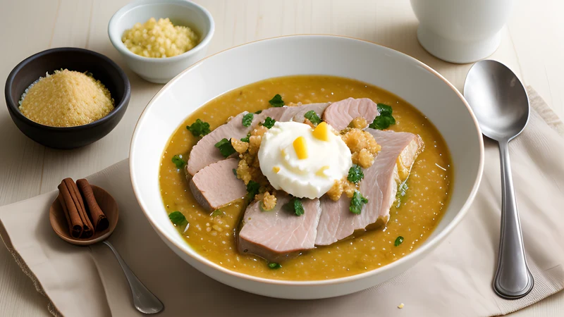 A bowl of smooth pale harees porridge topped with a pool of cinnamon-browned ghee