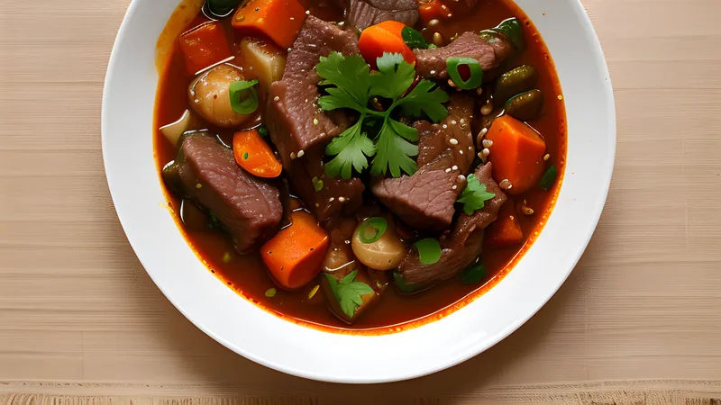 A bowl of hayashi rice, dark beef and tomato stew ladled over white rice