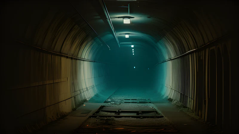 A concrete storm-drain tunnel raked by the beam of a single torch
