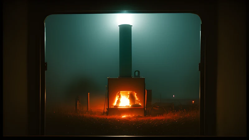 A glassworks furnace glowing orange in a fog-bound mountain valley