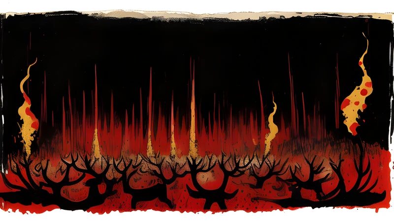 Ink illustration of antlered ritual figures around firelight with bone and hide instruments, crimson accent