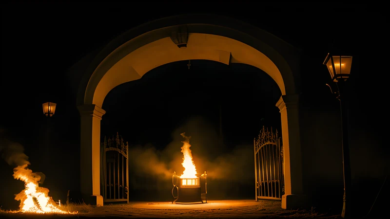 Wrought-iron gothic gates at night with a single lantern burning beyond them
