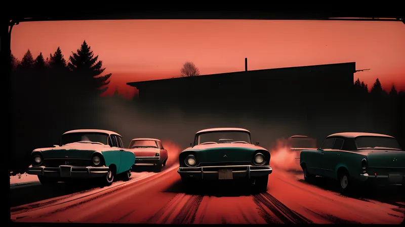 A wall of ash bisecting a ruined skyline with antlered silhouettes massed behind it, teal and amber repertory poster, projector light through smoke