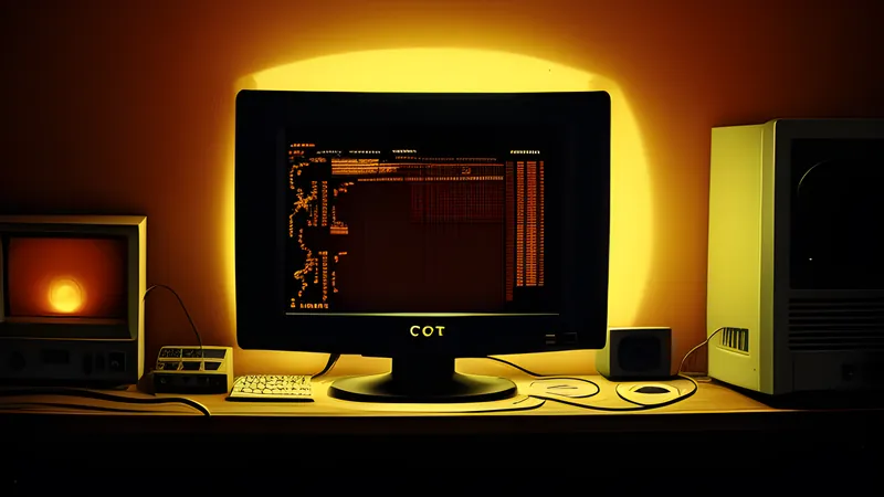 A cassette tape glowing under amber CRT light beside a scrolling shooter's wireframe pulse