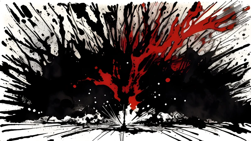 A single hot light cutting through a black-clad band on a small Copenhagen stage, ink-splattered and warped