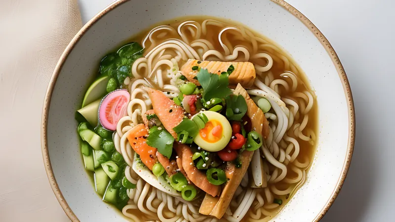 A plate of hiyashi chuka with cold ramen noodles fanned with colourful summer toppings
