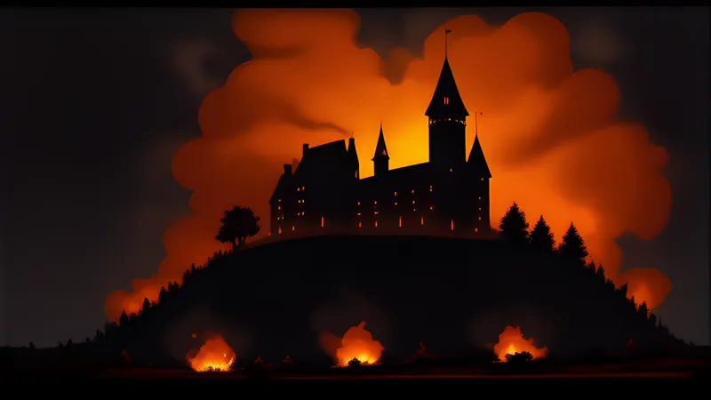 A lone castle glowing on a dark hill, the only lit level in a sprawling landscape