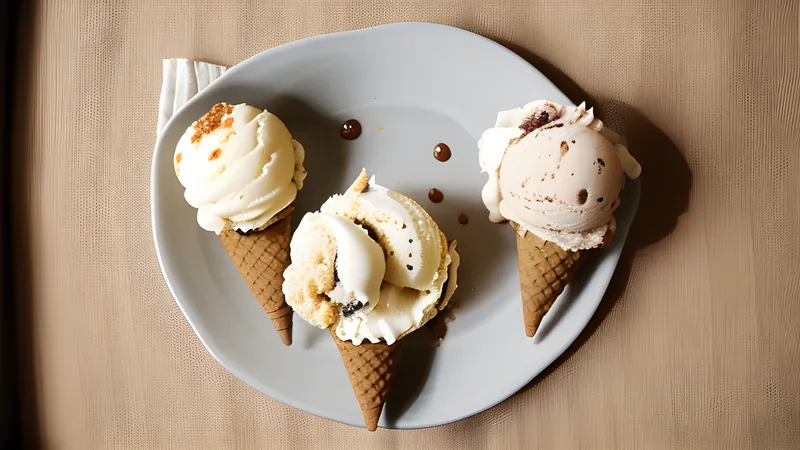 A scoop of pale golden vanilla ice cream studded with amber honeycomb shards, in a glass bowl