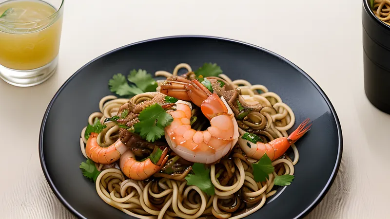 A blackened wok of hokkien mee noodles glossy with reduced prawn stock, topped with prawns, pork belly and lard croutons