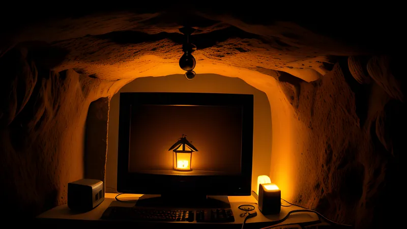 A tiny lantern glow descending into a vast layered underground cavern