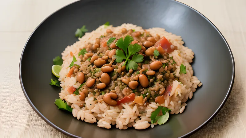 A bowl of rice and black-eyed peas studded with smoked ham hock, topped with sliced spring onion
