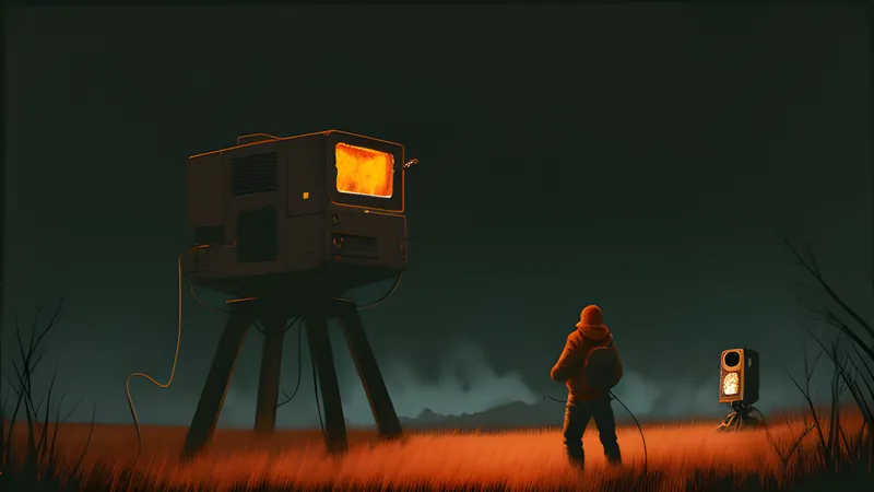 A hunter facing a towering robotic machine on a windswept ridge, amber CRT phosphor glow, dark room