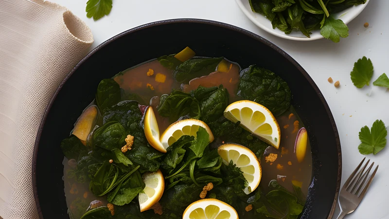 A plate of dark boiled leafy greens glossy with olive oil, a cut lemon half beside them