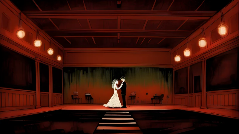 A narrow old dance-hall stage of faded grandeur lit by dim brass lamps