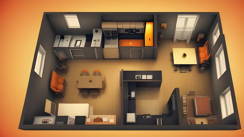 A neon-drenched apartment floor plan seen directly from above, rendered in amber CRT glow