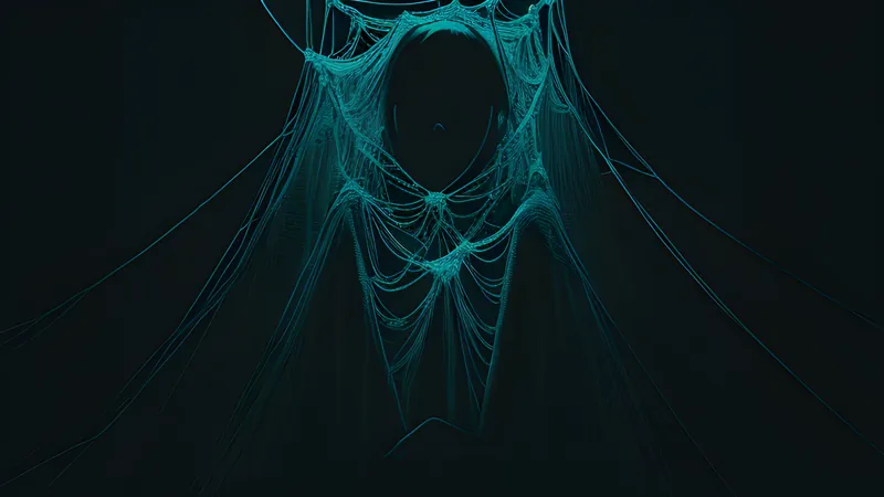 A tangled glowing web of dependency threads pulling taut until one thin strand snaps